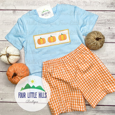 Embroidered Pumpkin Blue and Orange Boys Shorts Set