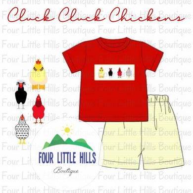 Cluck Cluck Chickens Hand-Smocked Red & Yellow Shorts Set
