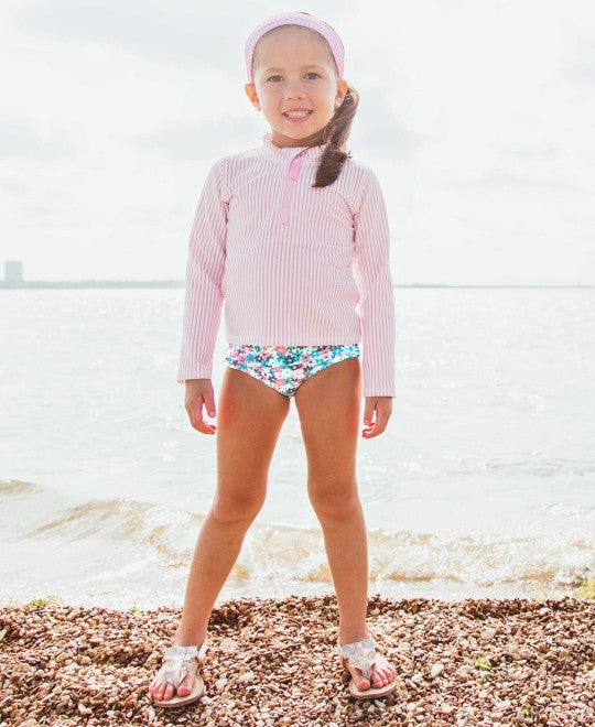 Pink Tropical Stripe Rash Guard Swimsuit